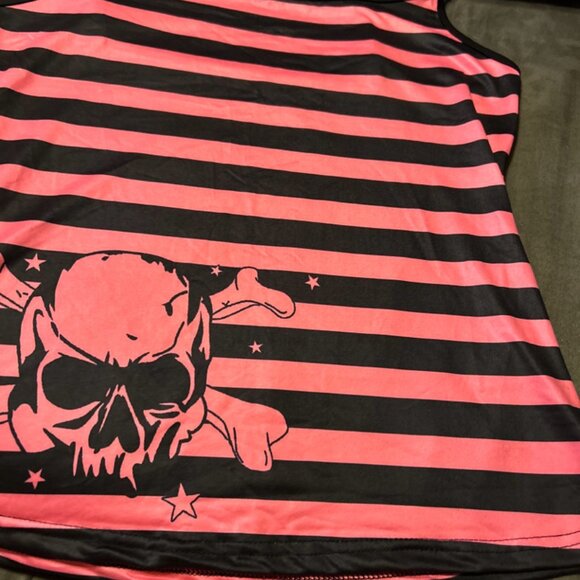 Skull & Bones Pink/Black Striped Skull Camisole Top Goth Emo Biker Style medium - Picture 6 of 10